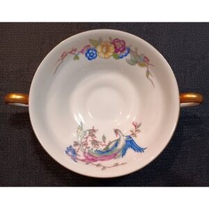 Castleton China Phoenix Cream Soup Bowl Gold‎ Handles Floral Bird Made in USA